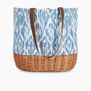 Blue Patterned Woven Tote with Tan Wicker Base